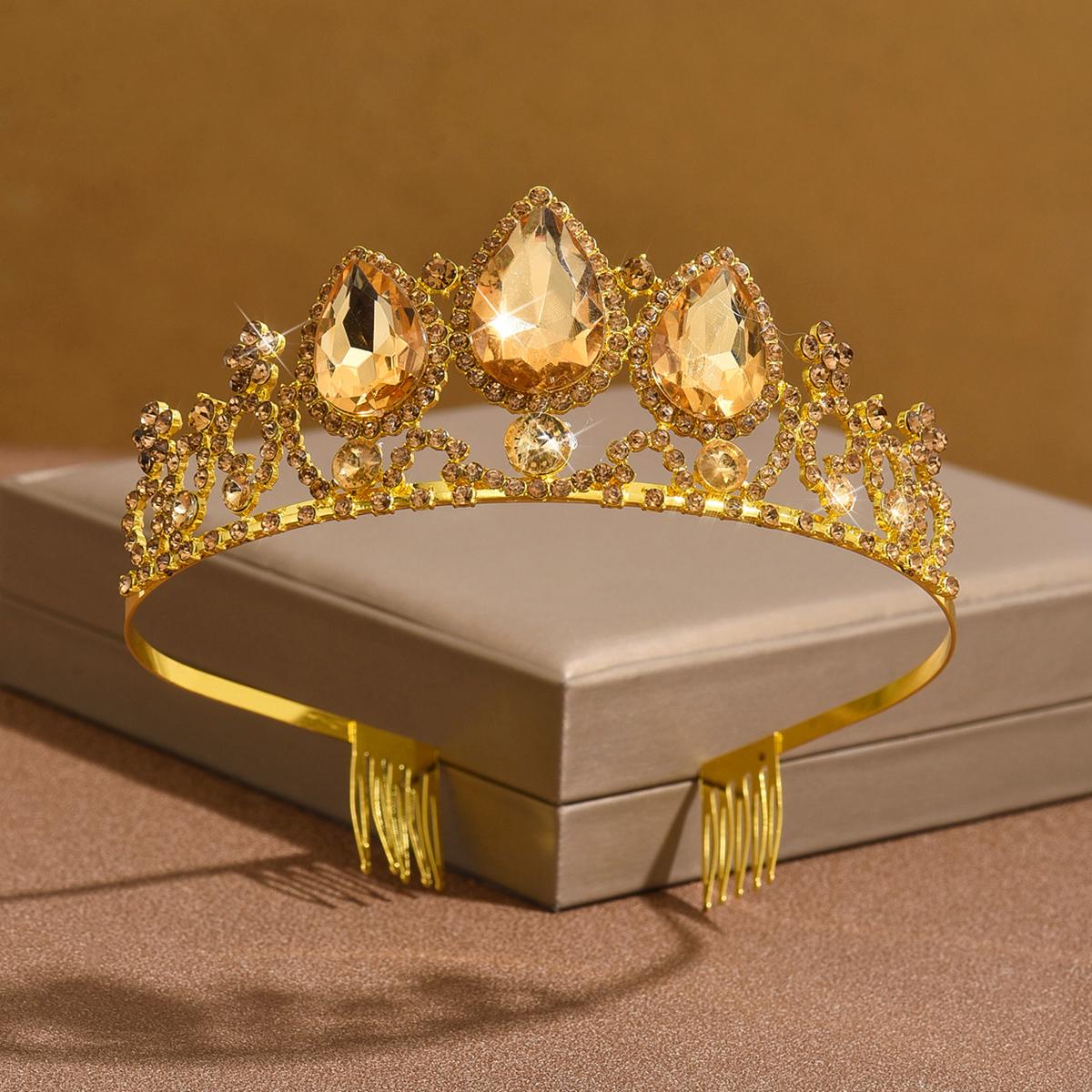 

Ladies Fashion Design Water Drop Necklace Earrings Crown Zircon Set Wedding Party Festival Gift