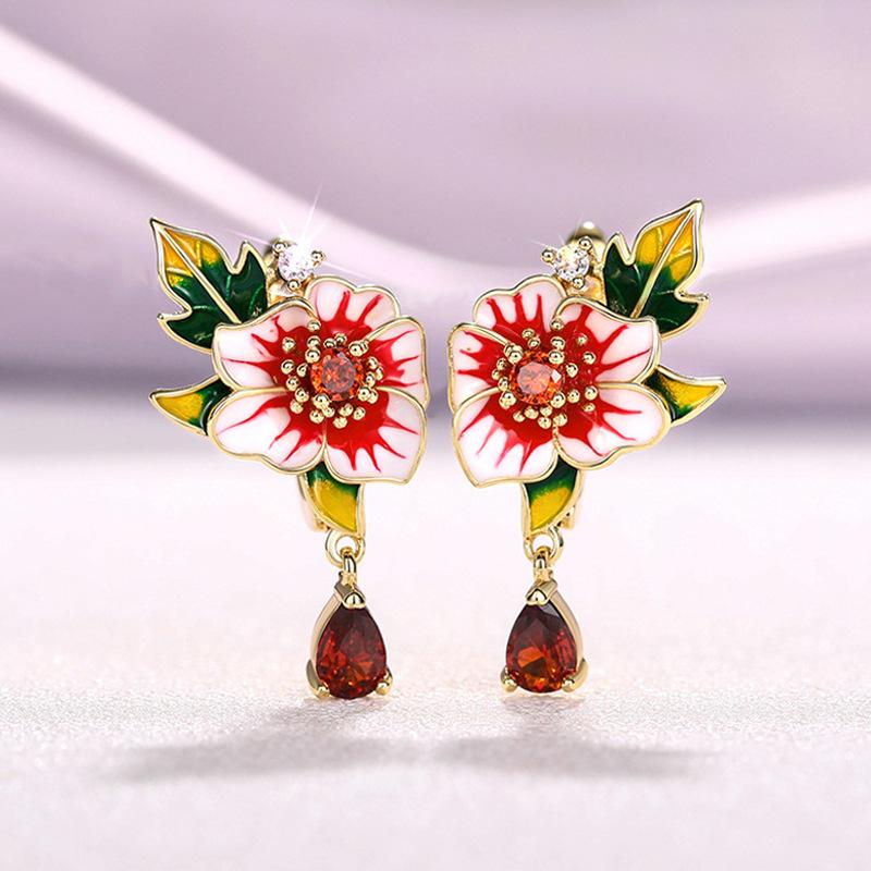 Colorful Enamel Flower Drop Earrings for Women Red Floral Teardrop Dangle Earrings Elegant Nature Inspired Jewelry