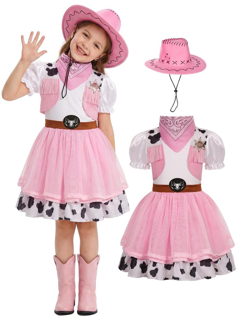 Set Gonna Costume Western Cowboy in Denim Rosa per Bambina per Halloween e Festival