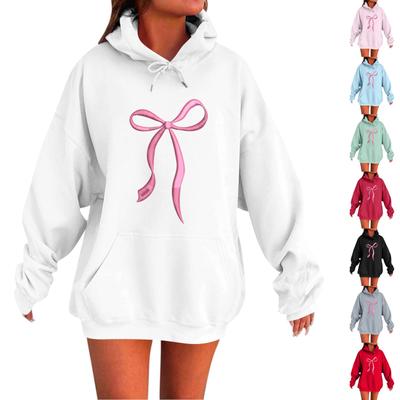 Ladies Spring Bow Printed Pullover Hooded Sweatshirt Fleece Long Sleeve Sweatshirt