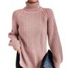 Soft Warm Knitwear Turtleneck Split Sweater Solid Mid Length Pullover Long Sleeve Raglan Casual Fashion Autumn Winter
