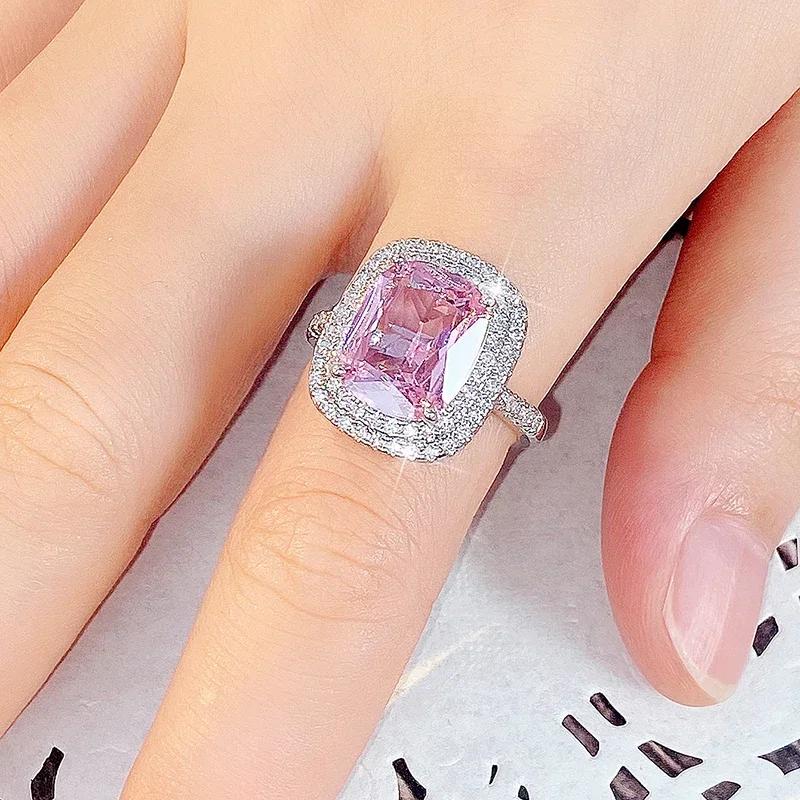 Aesthetic Pink Cubic Zirconia Engagement Rings for Women Luxury Silver Color Band Temperament Sweet Lady's Party Jewelry