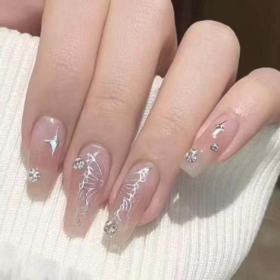 Handmade Nail Luxurious Art Liquid Butterfly Medium And Long Length Sparkling Diamond Pure Desire Casual Spring Summer New Style