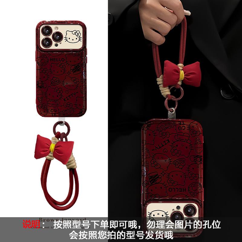 Kt Cat Bow Lanyard Suitable for Apple 17 Mobile Phone Case Iphone15promax Large Window 16 Silicone 14 Women