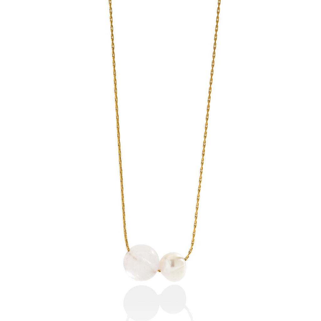 French Natural Stone & Freshwater Pearl Necklace - 18K Gold Plated Stainless Steel Clavicle Chain, Simple & Elegant for Daily Wear