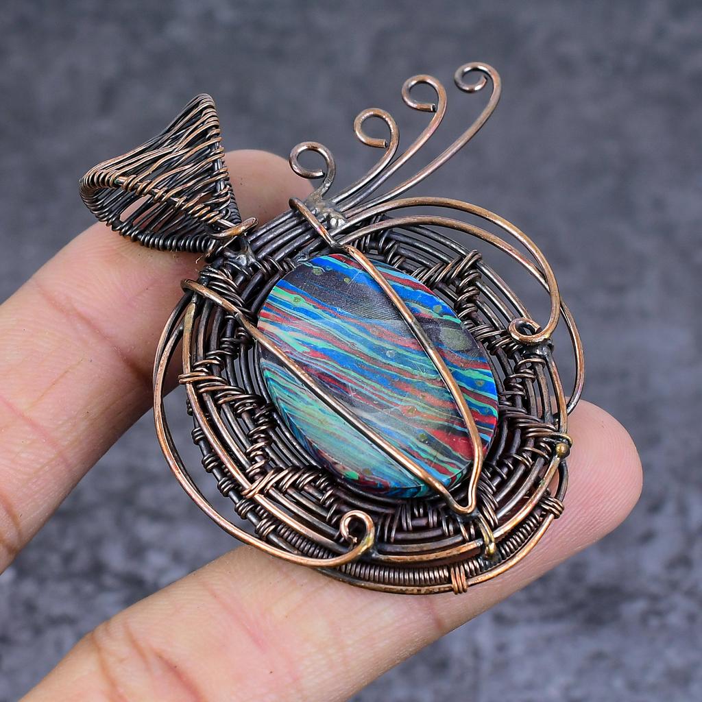 Natural Rainbow Calsilica Gemstone Copper Wire Wrap Jewelry Pendant 2.36" U8v18