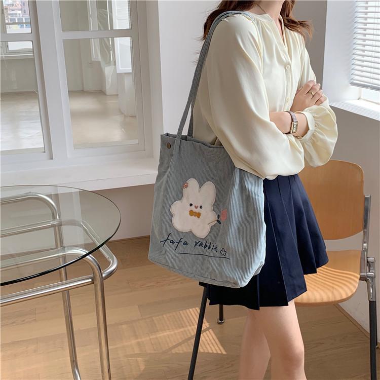 Adorable Floral Embroidered Corduroy Shoulder Bag Sweet Japanese Tote For Students