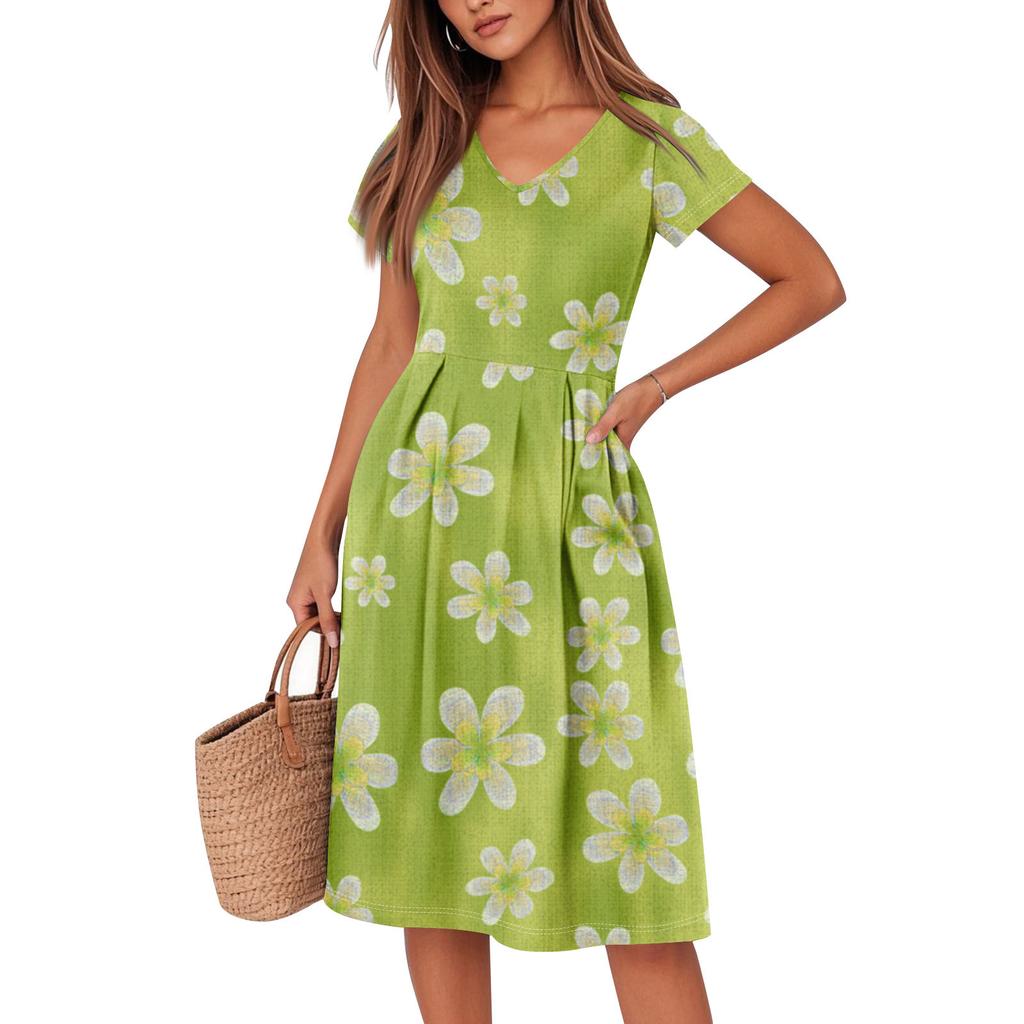 Womens Summer Dress Short Sleeve V Neck Short Dresses Fashion Casual Flowy A Line Swing Sundress With Pocket