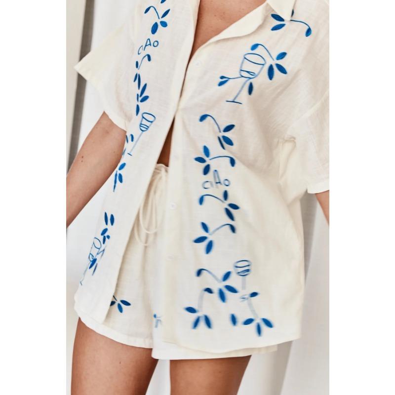 VEZFAA Women's Fashion Casual Summer Spring Flower Pattern Print Short Sleeve POLO Neck Trousers Pants Suits