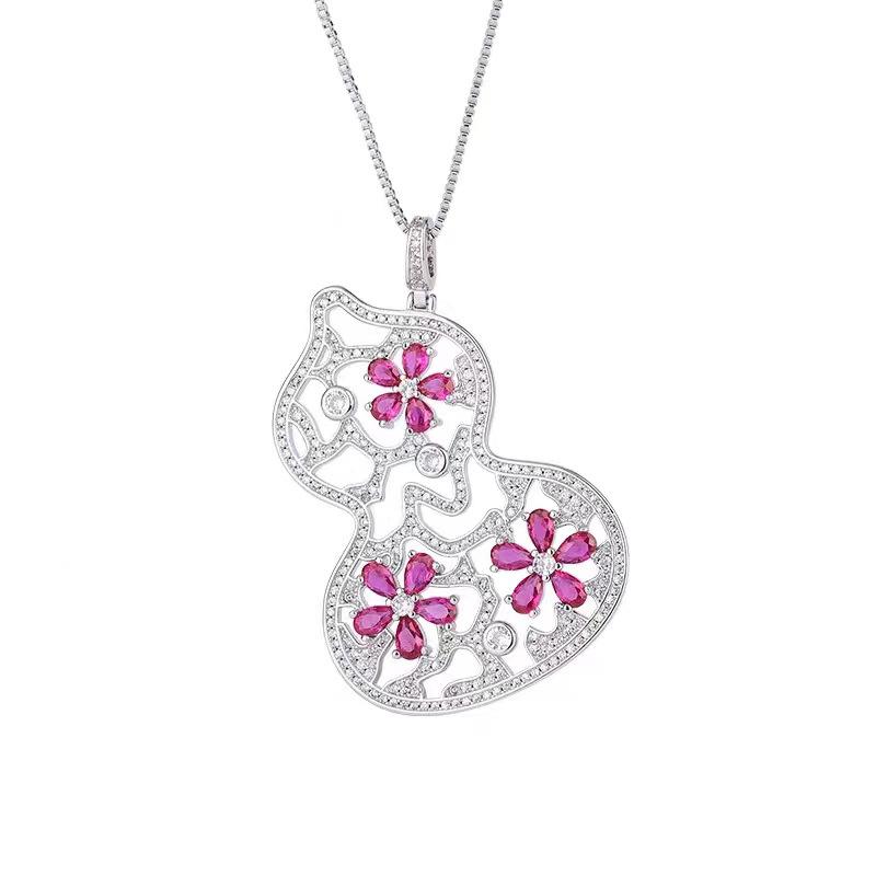 Wind Tiktok The Same Retro Colored Treasure Two-Color Stone Diamond Gourd Pendant Necklace Temperament