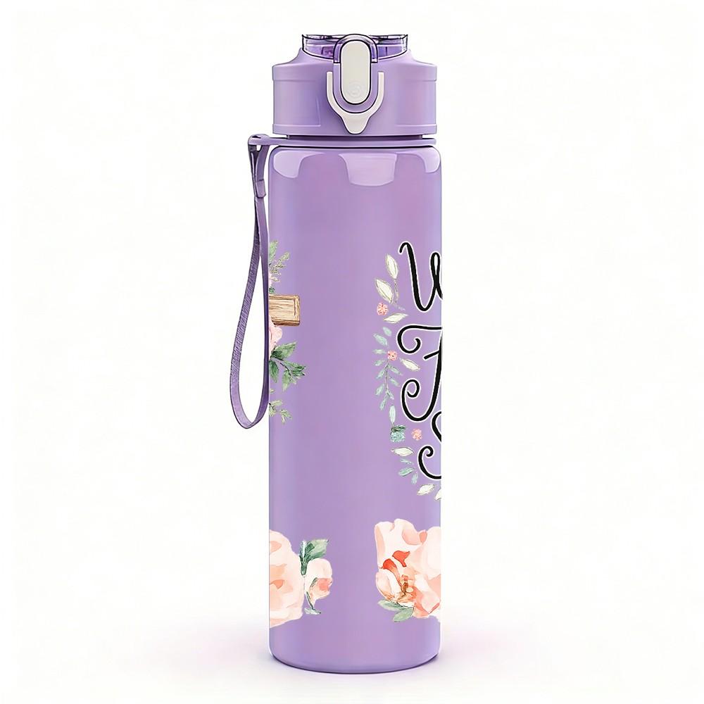 1PC Cross Rose Faith Christian Quote Print 750ml Color Plastic Sports Water Bottle Leakproof Flip Straw Lid Suitable for Sports Office Home Use