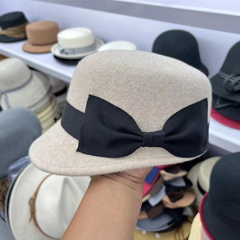 Japan autumn and winter new woolen hat bow women's retro casual equestrian hat peaked hat fashion knight hat