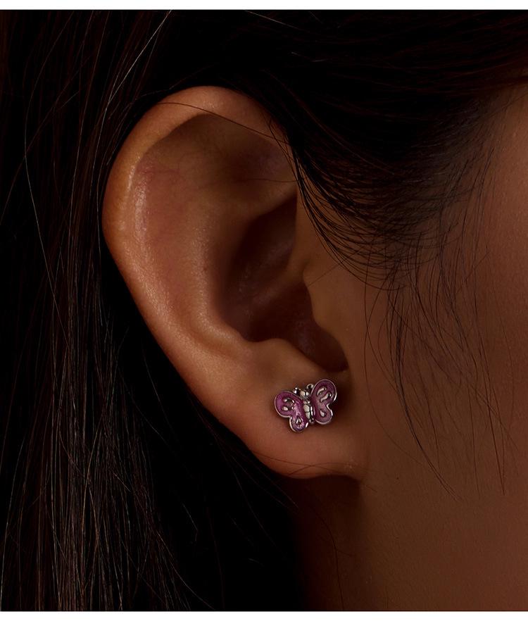 Aifle Sterling Silver S925 Pink Butterfly Earrings with Platinum-Plated Oil-Drop Design