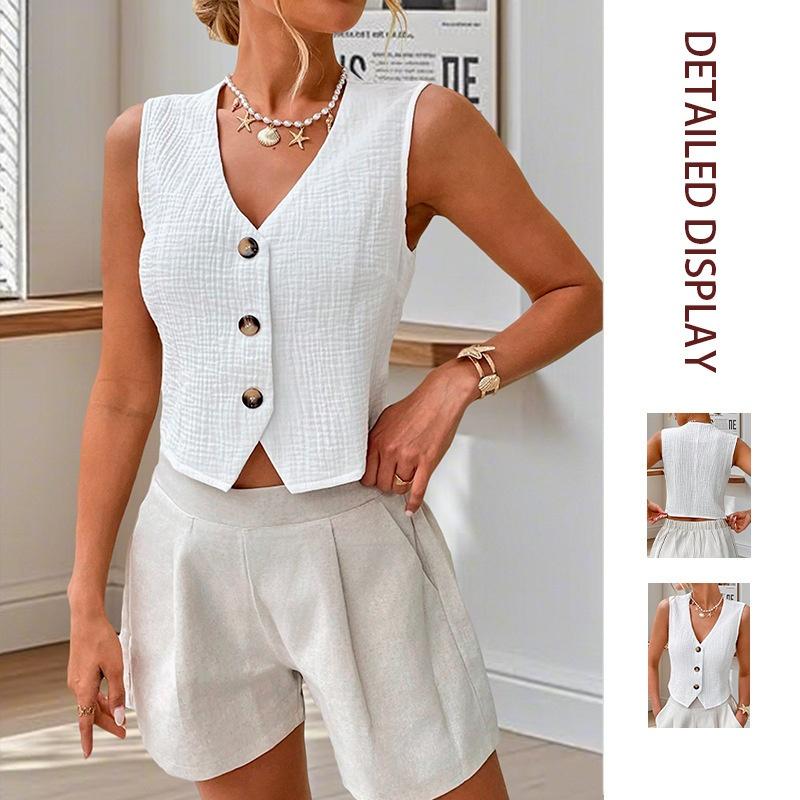 Women's V Neck Sleeveless Button Front Vest Top Slim Fit Tailored Blouse