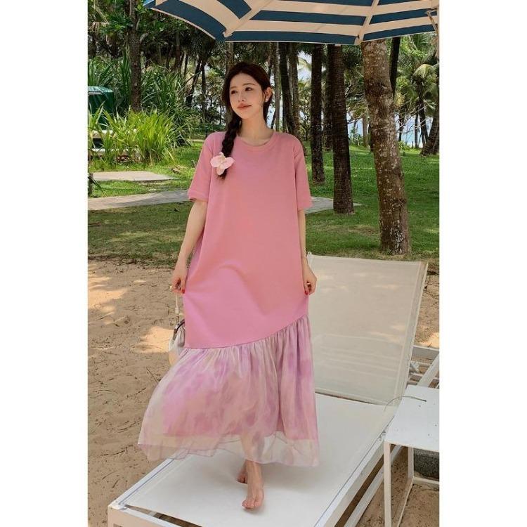 Summer Women Loose Dress Plus Size Casual Oversize Long Shirt Dress Solid Pleated Lace Short Sleeve