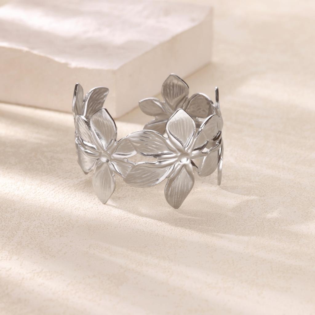 Mehrfach Große Blume Edelstahl Armreif Kupferfarbe Breit Offener Armspange für Frauen Hochzeit Zirkon Urlaubsaccessoires Geschenk