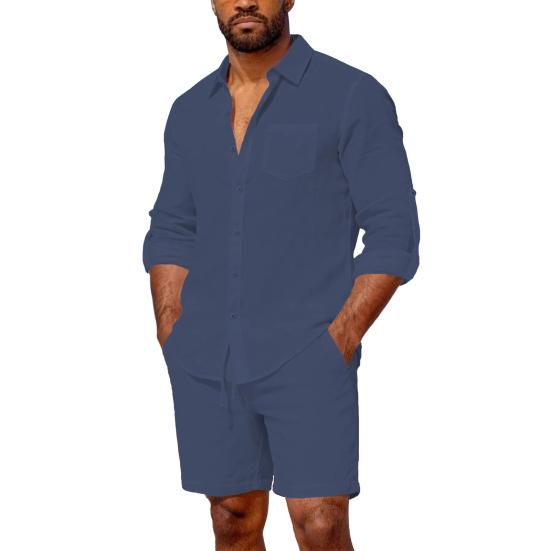 2 st/set Damtoppar och Shorts Set Lapel Långärmad Enkelknäppt Skjorttoppar Elastiska Mellanhöga Shorts Set Casual Tvådelat Set Strandkläder