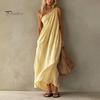 Women Casual Dress Women's Summer One Shoulder Beach Sundress, Pleated A-line Polyester Flowy Long Dress, Loose Travel Vacation Versatile