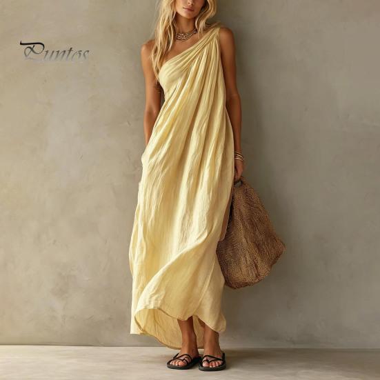 Women Casual Dress Women's Summer One Shoulder Beach Sundress, Pleated A-line Polyester Flowy Long Dress, Loose Travel Vacation Versatile