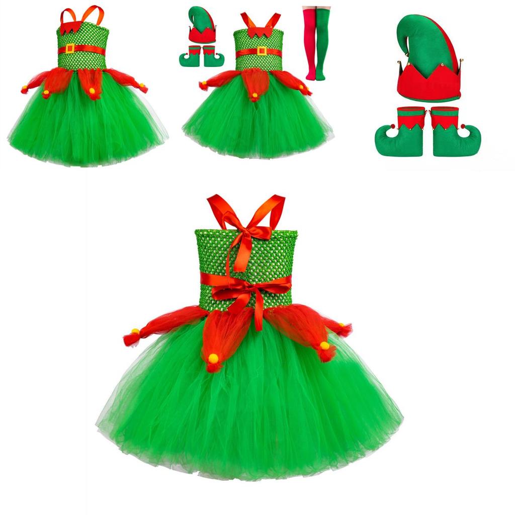 Elegant European And American Children's Christmas Elf Costume For Parties And Performances Red And Green Net Tulle Christmas Tree Skirt