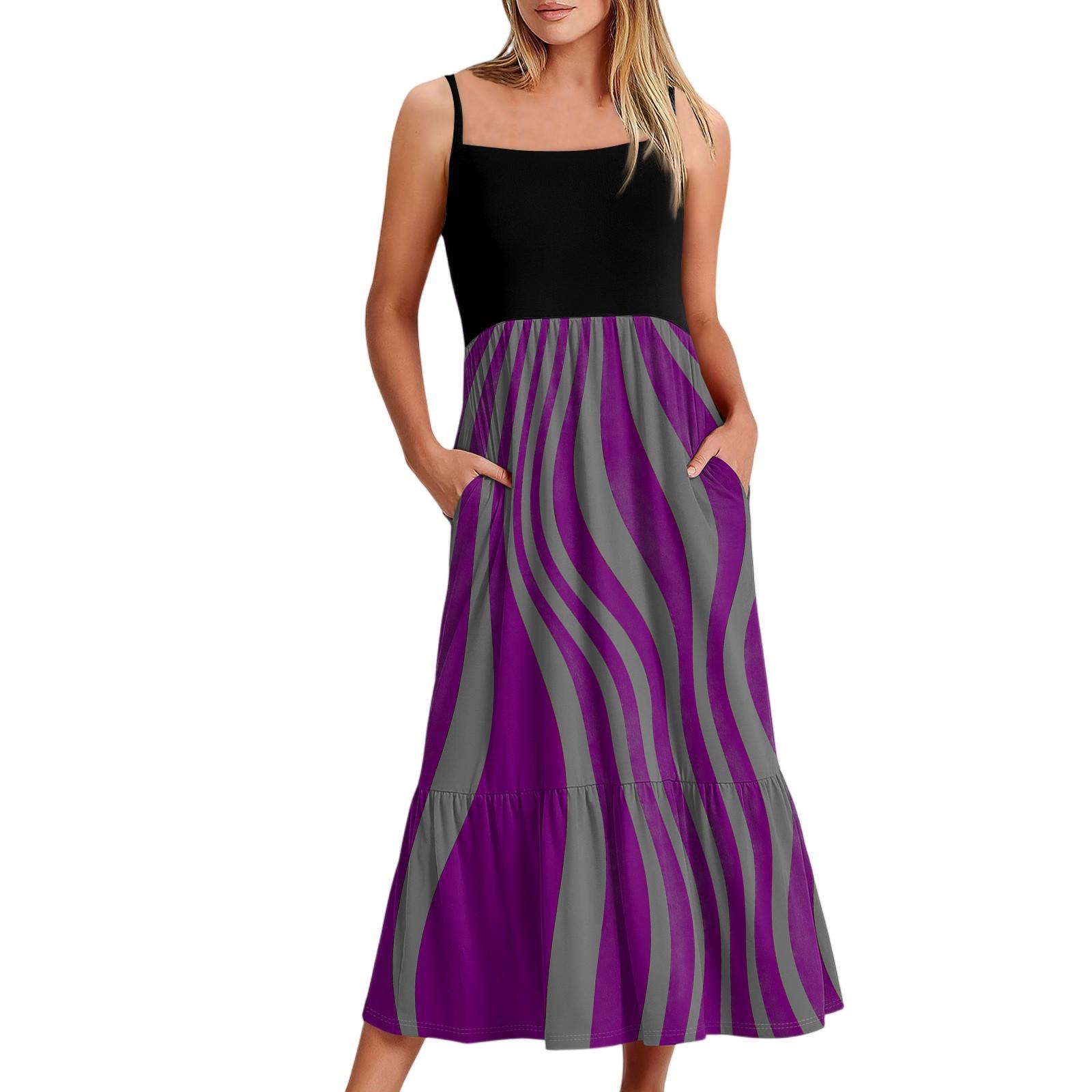 

Women s Long Beach Casual Elegant Spaghetti Strap Maxi Dress Striped Low-key Flowing Bohemian Dress XL фіолетовий