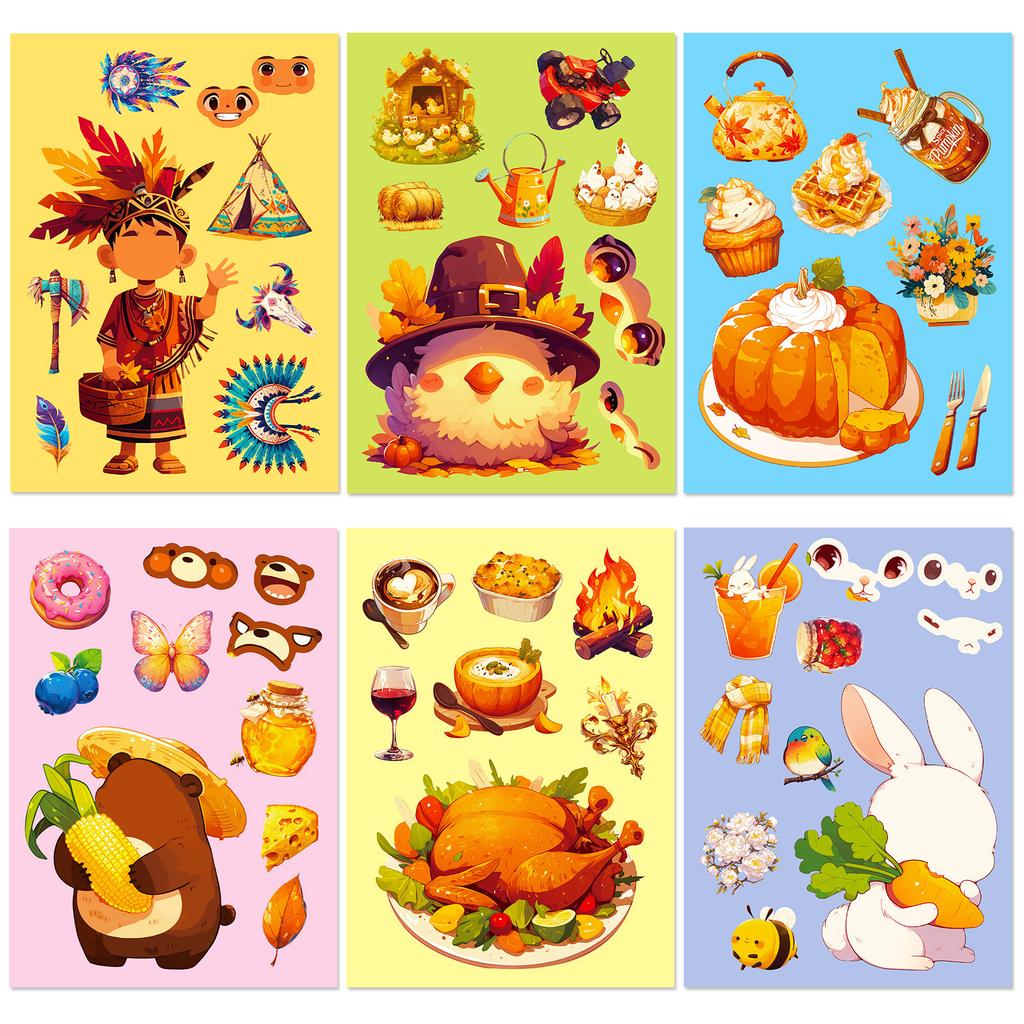 6 Turkey Puzzle Face Changer Stickers Thanksgiving Anime Cartoon Collage Fall Harvest