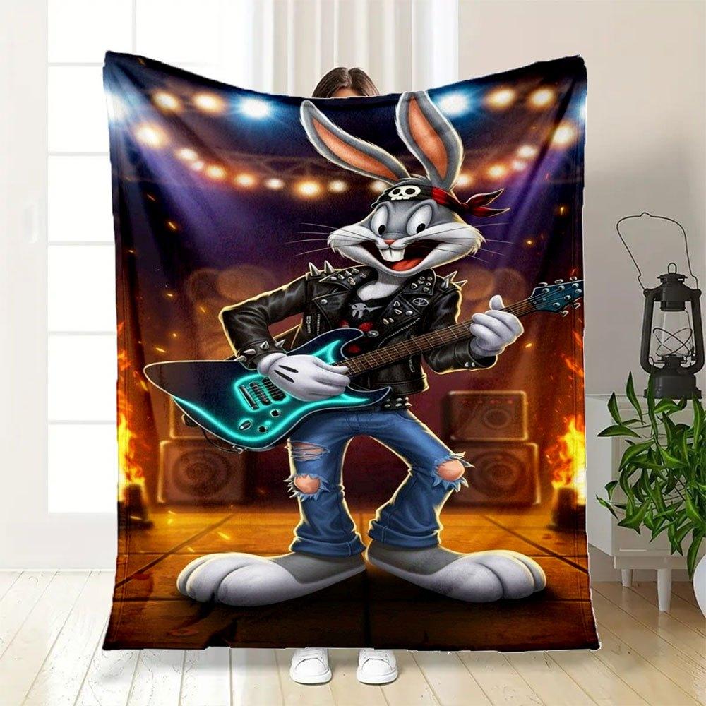 "Rock Star Bugs Bunny Guitar Art Print"Blanket Flannel Throw Blanket for Sofa, Bed, Travel, Camping, Office