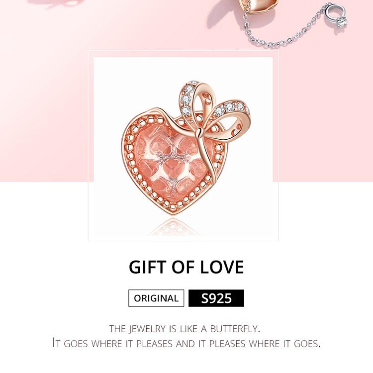 BAMOER 925 Sterling Silver Roséguld Hjärtformad Zirkonpärla, Kvinnor Romantisk rosett Gift of Love Charm Hänge som passar Original 3 mm armband DIY smycken