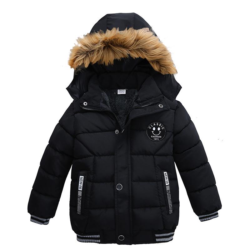 Jongens Jas Herfst Winter Effen Kleur Verdikken Capuchon Rits Mode Bontkraag Kinderen Warmhouden Bovenkleding