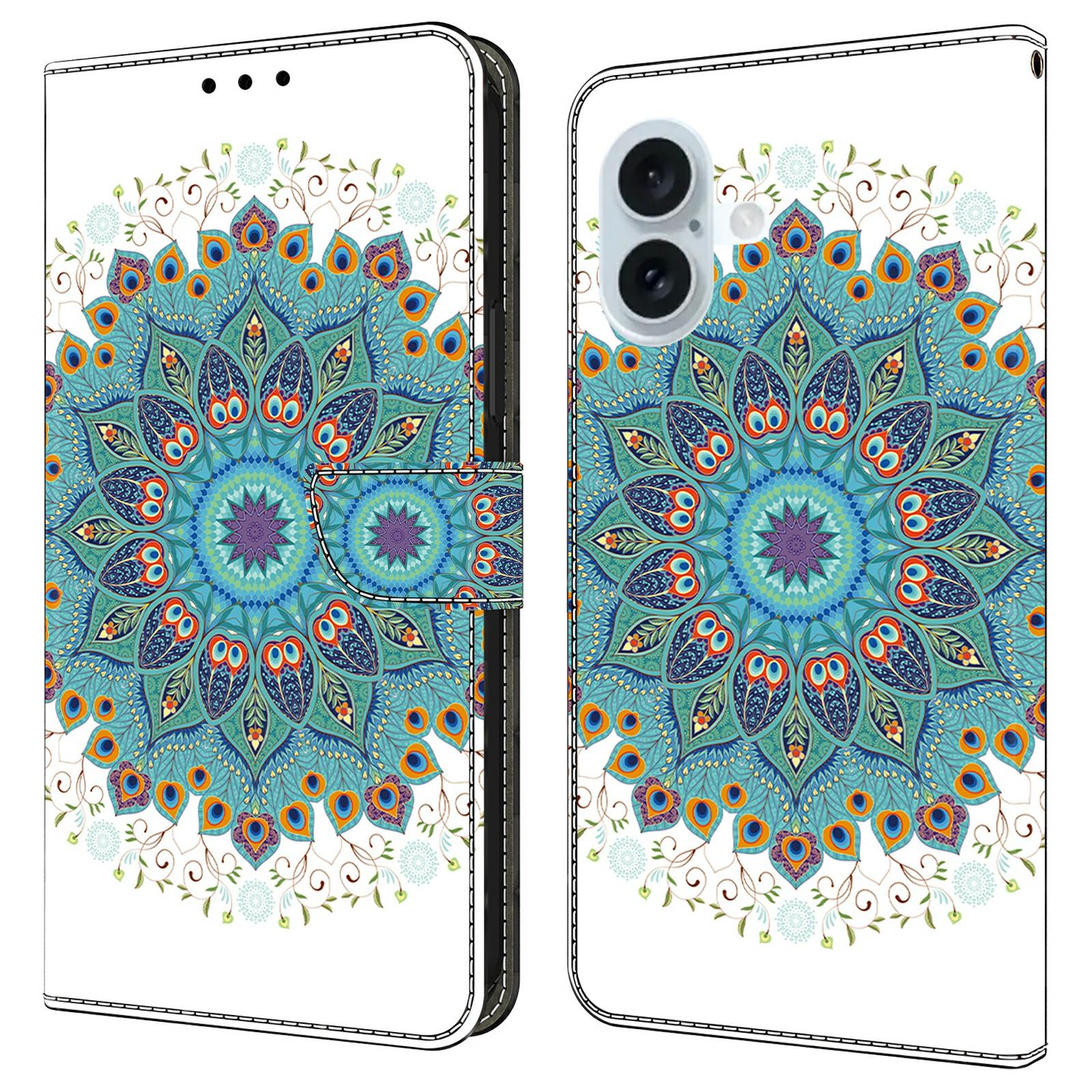 

Чехол для iPhone 16 Plus с печатью узора, противоударный, кожаный, откидной кошелек, чехол для телефона Peacock