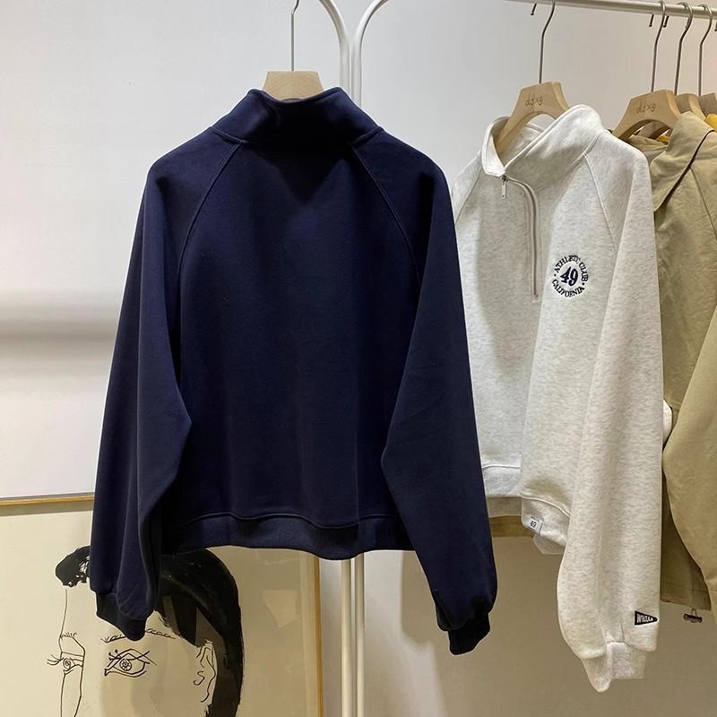 Womens POLO Collar Hoodie Loose Fit Lightweight Korean Style Embroidered Half-Zip Cotton Sweatshirt