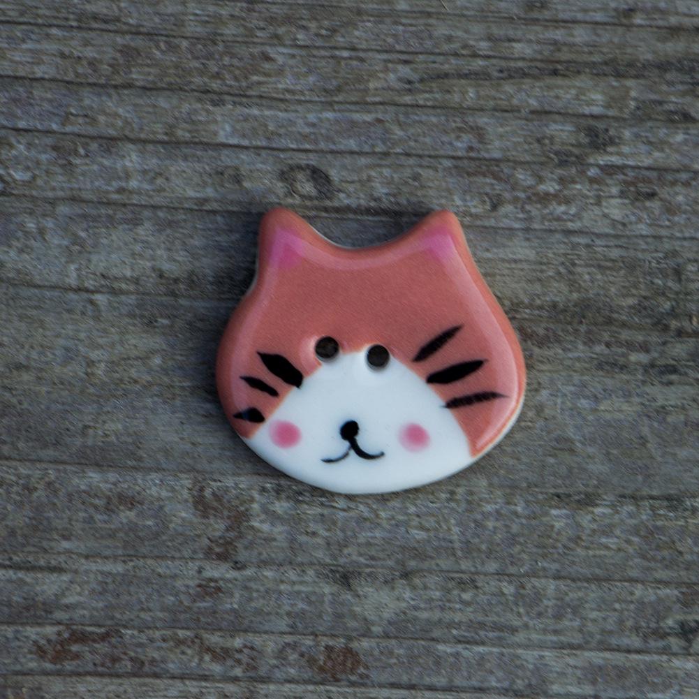 Hand-Painted Jingdezhen Ceramic Cat Button Pendant New Pink Ear