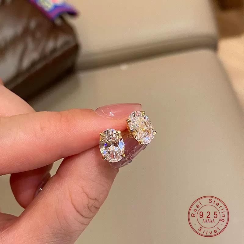 

Real 925 Sterling Silver Gold Plated Oval Zircon Stud Earrings for Women - Sparkling CZ Crystal Bridal Party Jewelry