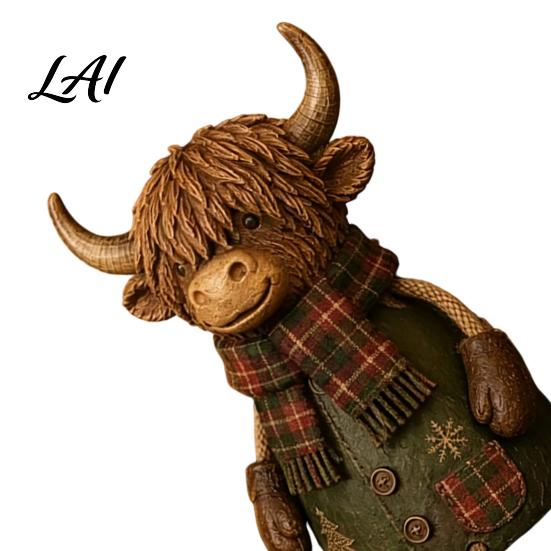 Decorative Figurine for Mantle Christmas Highland Cow Figurine Cute Ornament with Retro Plaid Clothing Farmhouse Holiday Tabletop Shelf And