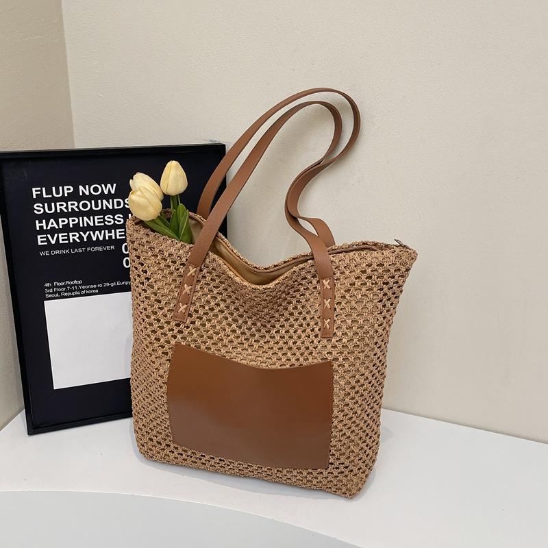 Woven Tote Bag for Women Summer Beach Handbag with Faux Leather Strap Fashion Casual Carryall