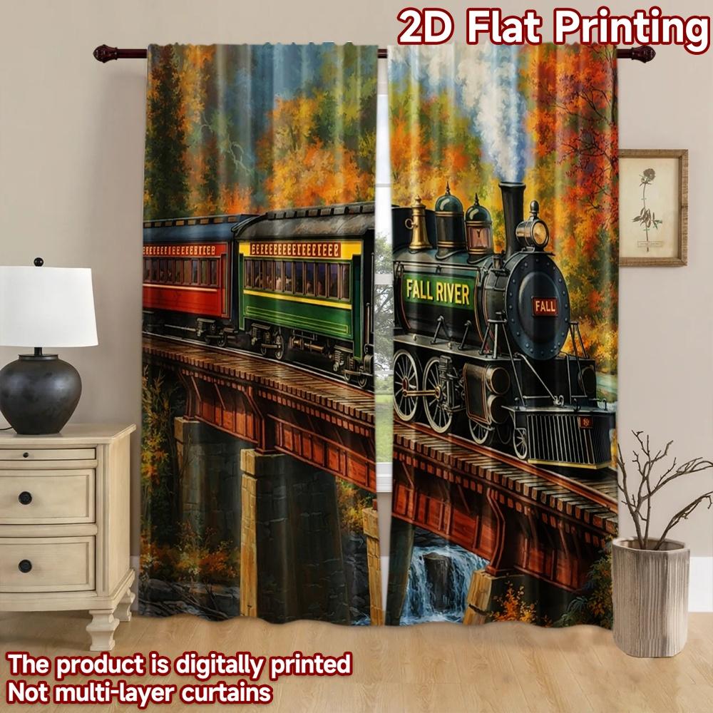 2D Flachdruck 2 Stück Vorhang Party Vorhänge Herbst Zug auf Brücke Digital bedruckte Polyester Vorhänge Feiertagsdekorationen für
