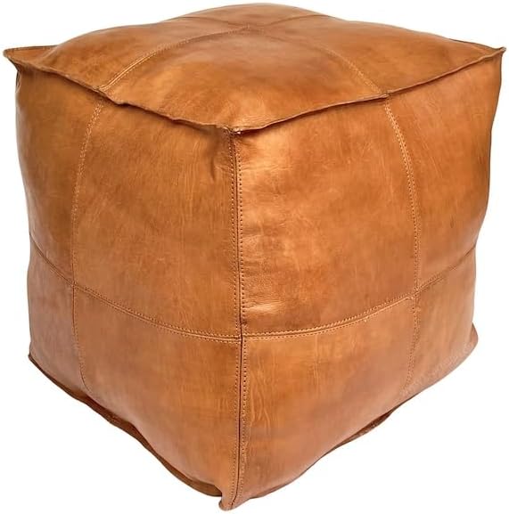 Moroccan Square Leather Pouf – 45cm X 45cm X 30cm – Handmade Genuine Goat Leather, Unfilled Ottoman for Décor & Comfort