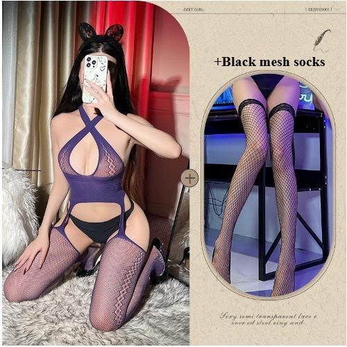 Tearable Fishnet Bodysuit Crisscross Halter Neck Sheer Erotic Lingerie Open Crotch Stockings Innocent Sexy Sleepwear for Women