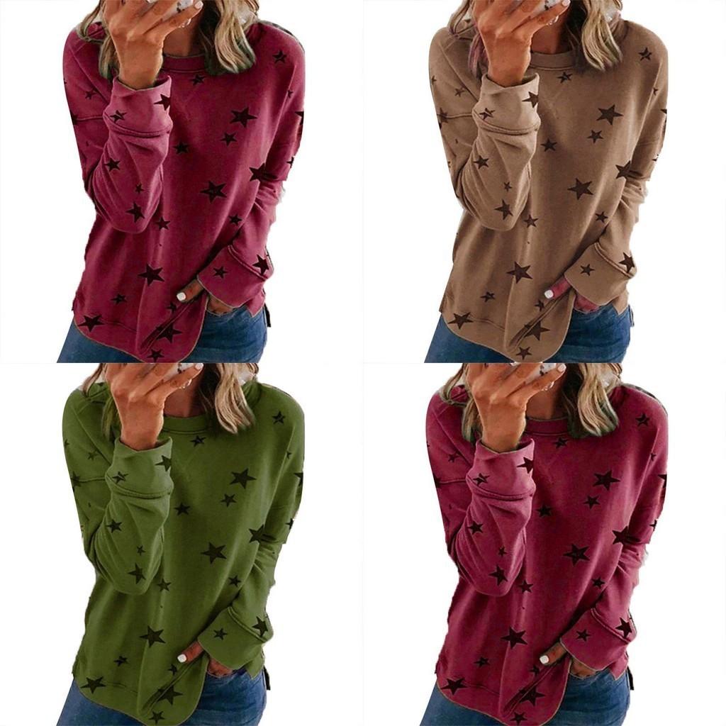 Tunica Casual da Donna Girocollo Manica Lunga con Stampa a Stelle Top Maglietta Camicetta Per Comfort e Stile Quotidiano