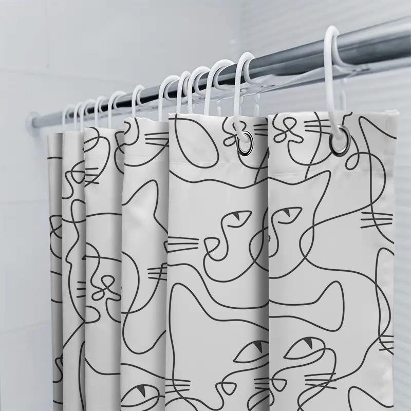Black Line Cat Shower Curtain Waterproof Bathroom Decoration Modern Print 180X243Cm