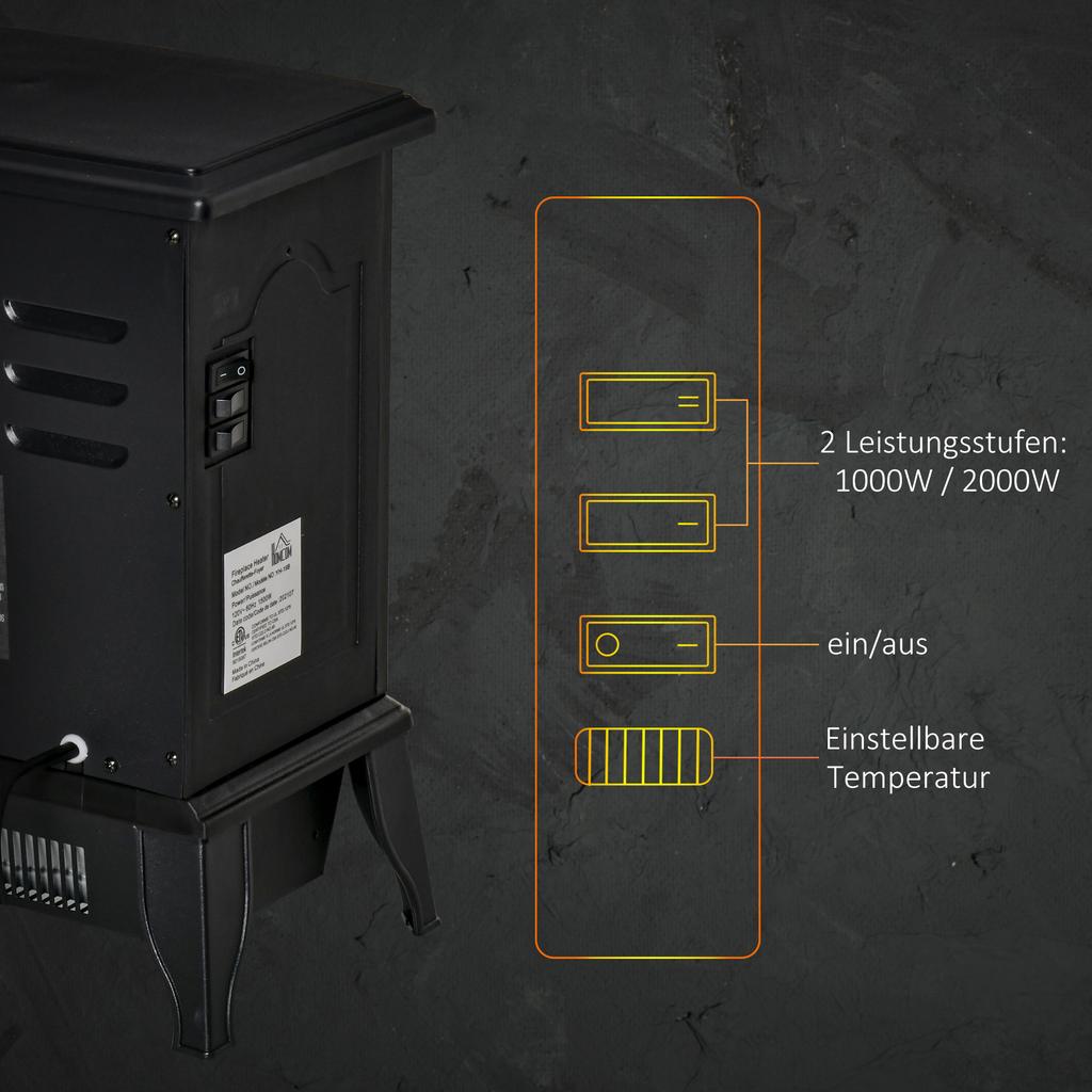 Freestanding Electric Fireplace, Flame Effect, 2 Heating Modes 1000W/2000W, Tempered Glass, Black, 36.5x24x45.5 Cm