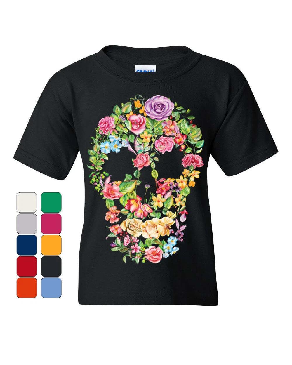Flower Skull Youth kids boys T-Shirt Sugar Skull Calavera Dia de los Muertos Kids Tee 120