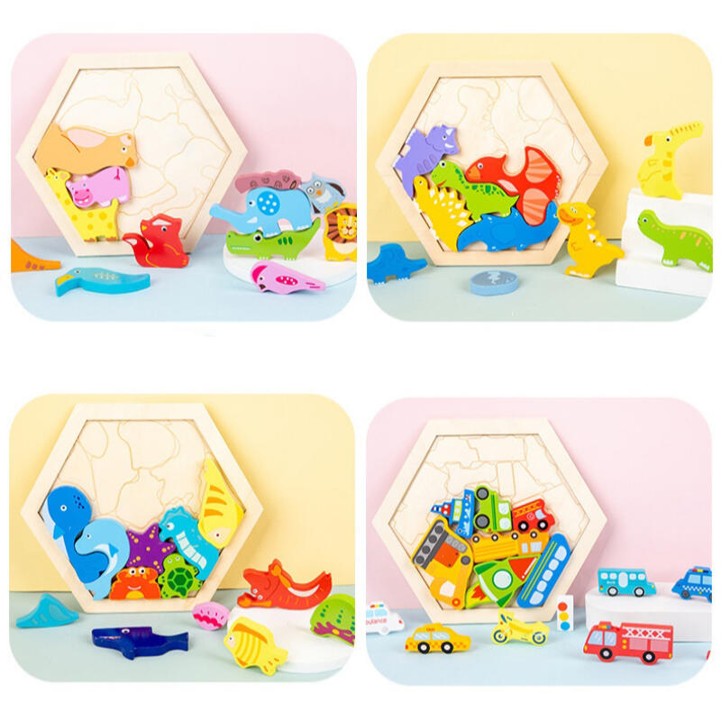 Wooden 3D Puzzle Blocks Montessori Educational Toy Animals Vehicles Fruits Themed Cognitive Development Toddler Brain Game Safe Kids Learning Toy