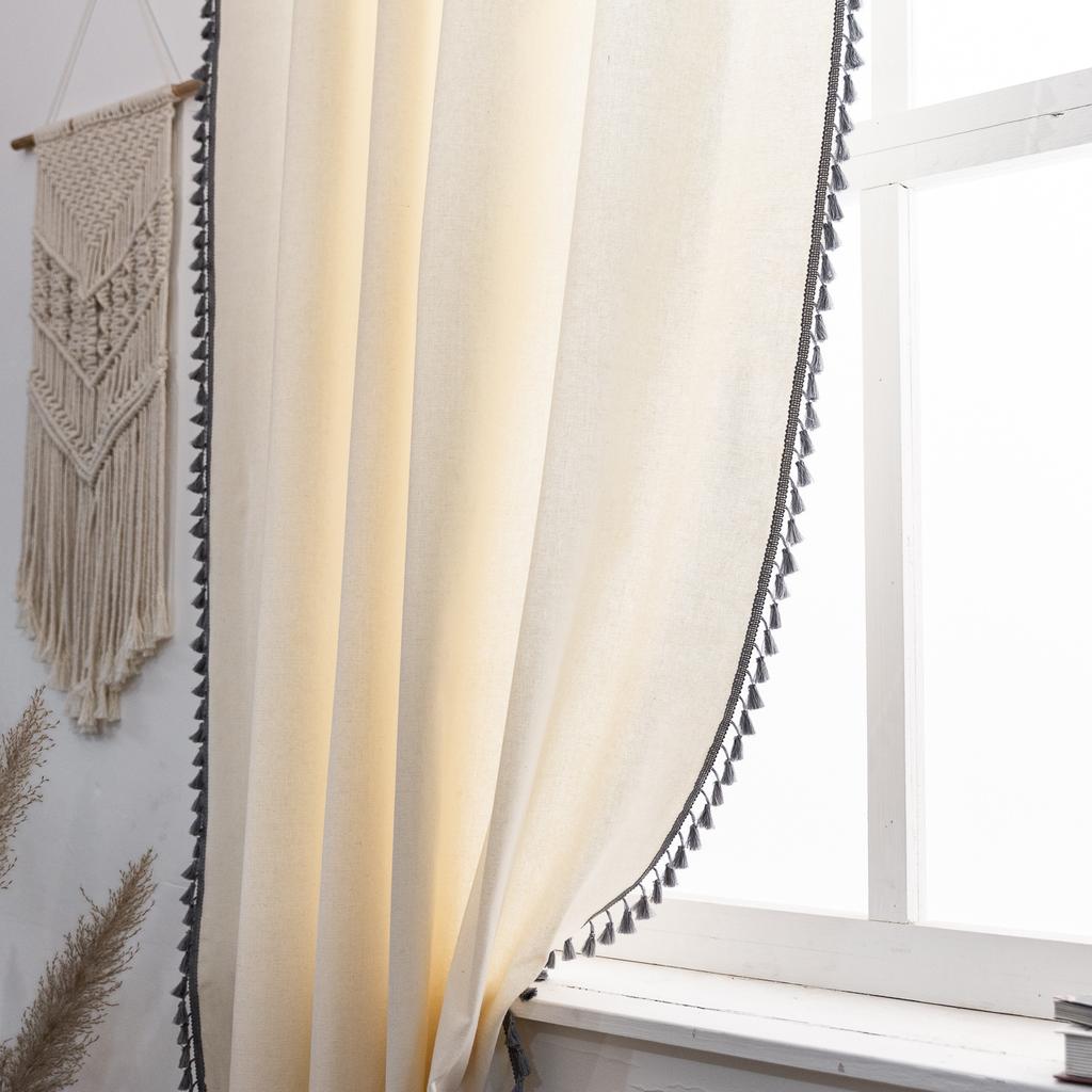 Curtain Finished Solid Color Cotton And Linen Fringed Semi-Blackout American Kitchen Floating Curtains Direct Supply
