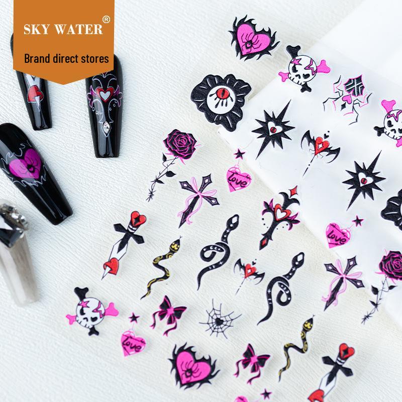Spicy Girl Pink Snake Embossed Nail Art Stickers - Waterproof 6D Dark Cross Design Dark Cross SF-015