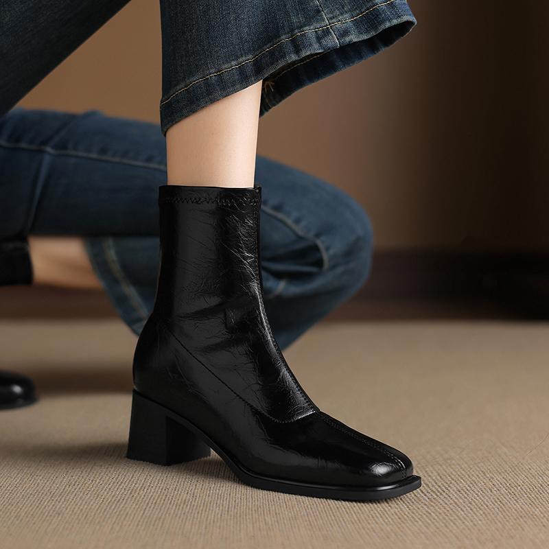 Krazing Pot Microfiber Winter Square Toe Modern Size 33 Boots Basic Size 43 Clothing Thick High Heels Zipper Women Ankle Boots