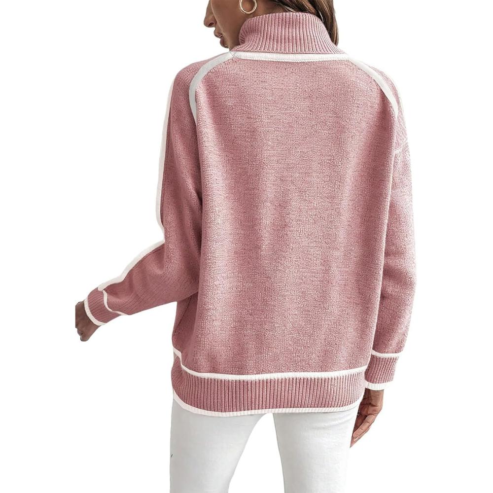 Cozy Fall and Winter Fashion Women's Elegant Knitted Thick Warm Hoodie Color Blocked Half High Collar Versatile Striped Sweater Jumper