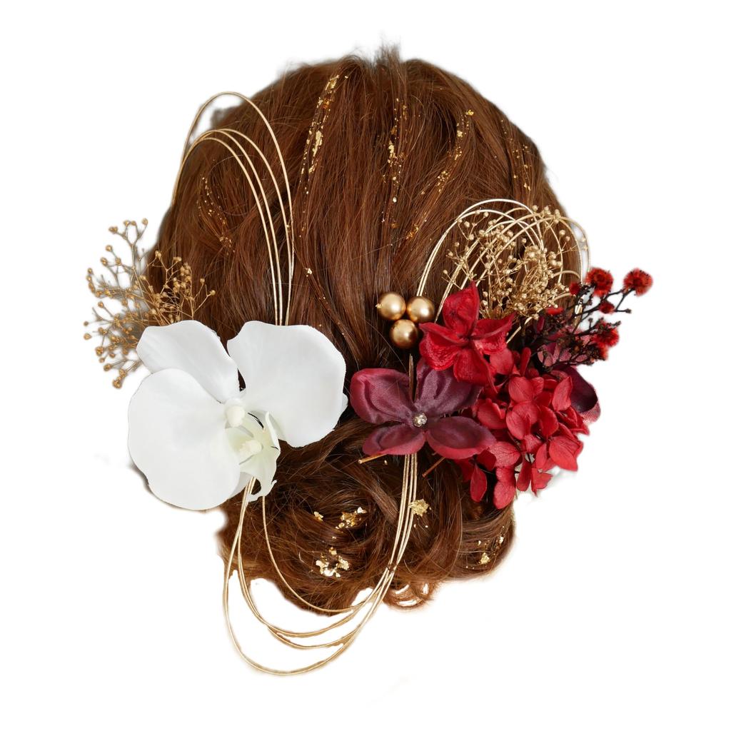 Preserved Flower Hair Ornament with Gold Phalaenopsis Orchid for and Japanese Clothing [Bria] Leaf, (Red), Coming-of-Age Ceremonies, Graduations,
