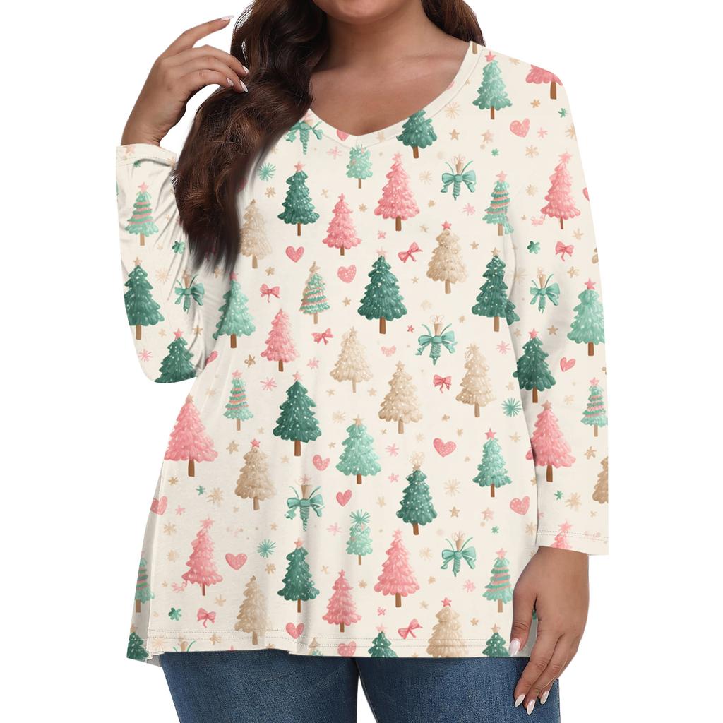 Women's Fashionable Casual Long Sleeved Plus Size Print Top Plus Size Floral Print Top