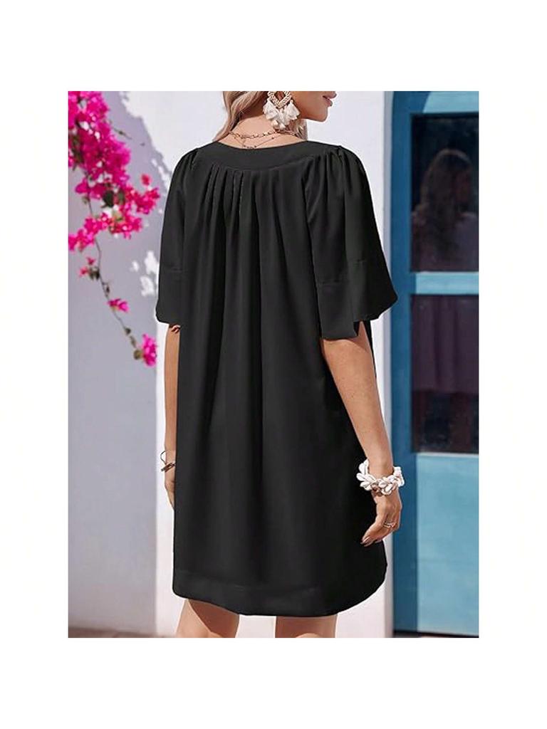 Women's Flutter Sleeve Mini Dress V Neck Loose Flowy Casual Summer Dress